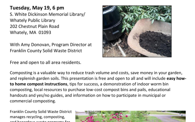 Flyer showing a presentation on composting at the Whatley Library on May 19, 2026 at 6 p.m.